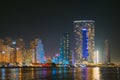 Dubai Marina Port, UAE, United Arab Emirates - May 19, 2021: Night view of high-rise buildings of residential district Royalty Free Stock Photo