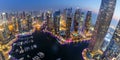 Dubai Marina skyline architecture buildings travel overview at night twilight from above panorama in United Arab Emirates Royalty Free Stock Photo