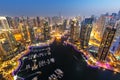 Dubai Marina skyline architecture buildings travel overview at night twilight from above in United Arab Emirates