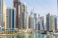 Dubai Marina skyline with modern skyscrapers, Marina Canal and XLine Dubai Marina zipline above, UAE Royalty Free Stock Photo