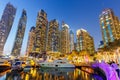 Dubai Marina skyline yacht harbor architecture travel at night twilight in United Arab Emirates Royalty Free Stock Photo