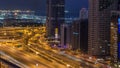 Dubai Marina skyscrapers aerial top view before sunrise from JLT in Dubai night to day timelapse, UAE. Royalty Free Stock Photo