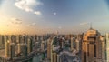 Dubai Marina skyscrapers and jumeirah lake towers sunrise view from the top aerial timelapse in the United Arab Emirates Royalty Free Stock Photo