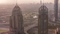 Dubai Marina skyscrapers and jumeirah lake towers sunrise view from the top aerial timelapse in the United Arab Emirates Royalty Free Stock Photo