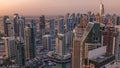 Dubai Marina skyscrapers and jumeirah lake towers sunrise view from the top aerial timelapse in the United Arab Emirates Royalty Free Stock Photo