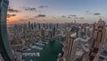 Dubai Marina skyscrapers and jumeirah lake towers view from the top aerial timelapse in the United Arab Emirates. Royalty Free Stock Photo
