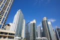 Dubai Marina skyscrapers, low angle view, clear blue sky in Dubai