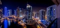 Dubai Marina skyscrapers in night.