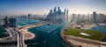 Dubai Marina skyscrapers panorama with popular JBR beach in the UAE aerial view