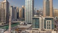 Dubai Marina skyscrapers, port with luxury yachts and Marina promenade aerial timelapse, Dubai, United Arab Emirates Royalty Free Stock Photo