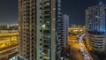 Dubai Marina skyscrapers and promenade aerial night timelapse, Dubai, United Arab Emirates Royalty Free Stock Photo