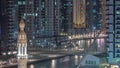 Dubai Marina skyscrapers and promenade aerial night timelapse, Dubai, United Arab Emirates Royalty Free Stock Photo