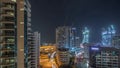 Dubai Marina skyscrapers and promenade aerial night timelapse, Dubai, United Arab Emirates Royalty Free Stock Photo