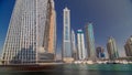 Dubai Marina skyscrapers. View from embankment timelapse hyperlapse Royalty Free Stock Photo