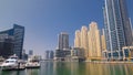 Dubai Marina skyscrapers. View from embankment timelapse hyperlapse Royalty Free Stock Photo