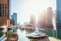 Dubai Marina with water pier and modern skyscrapers, United Arab Emirates Royalty Free Stock Photo