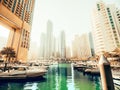 Dubai Marina with water pier and modern skyscrapers, United Arab Emirates Royalty Free Stock Photo