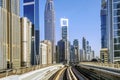 Dubai metro railway on a skyscrapers background, United Arab Emirates Royalty Free Stock Photo