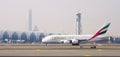 Dubai - October 23: Emirates Airplane at Dubai Airport on October 23, 2018 in Dubai, U.A.E. Dubai airport is home port for Emirate