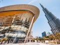 Dubai Opera house in Downtown Dubai, surrounded by skyscrapers and Burj Khalifa, in UAE, United Arab Emirates