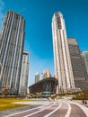 Dubai Opera house in Downtown Dubai, surrounded by skyscrapers and Burj Khalifa, in UAE, United Arab Emirates