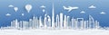 Dubai paper cut. UAE skyline city panorama with famous landmarks for postcards and poster. Vector Dubai cityscape