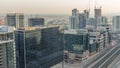 Dubai's business bay office towers aerial timelapse. Rooftop view of some skyscrapers Royalty Free Stock Photo