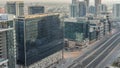 Dubai's business bay office towers aerial timelapse. Rooftop view of some skyscrapers Royalty Free Stock Photo