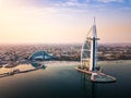 Dubai seaside skyline and Burj Al Arab luxury hotel at sunrise Royalty Free Stock Photo