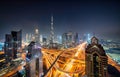 Dubai Skyline from hotel at blue hour sunset. Skycrapers can be seen as Burj Khalifa and Sheikh Zayed Road Royalty Free Stock Photo