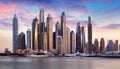 Dubai skyline - Marina skyscrapers at dramatic sunrise, United Arab Emirates Royalty Free Stock Photo
