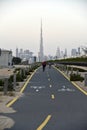 Dubai skyline from Nad Al Sheba bicycle track road, Dubai, United Arab Emirates