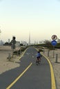 Dubai skyline from Nad Al Sheba bicycle track road, Dubai, United Arab Emirates