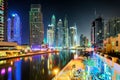 Dubai skyline during night. Dubai marina promenade, United Arab Emirates. Royalty Free Stock Photo