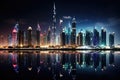 Dubai skyline at night with reflection in water, United Arab Emirates, Dubai city, AI Generated Royalty Free Stock Photo