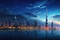 Dubai skyline at night with reflection in water. Dubai, United Arab Emirates, Dubai Panoramic Night, AI Generated Royalty Free Stock Photo