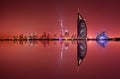 Dubai skyline reflection at night, Dubai, United Arab Emirates