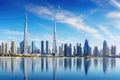 Dubai skyline with skyscrapers reflected in water, United Arab Emirates, Dubai Business Bay panoramic view, UAE, AI Generated Royalty Free Stock Photo