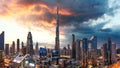 Dubai skyline at sunset with Burj Khalifa - aerial view, United Arab Emirates Royalty Free Stock Photo