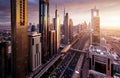 Dubai skyline in sunset time Royalty Free Stock Photo