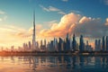 Dubai skyline at sunset, United Arab Emirates. 3d rendering, Dubai and the Persian gulf at, AI Generated