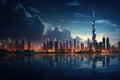 Dubai skyline at sunset, United Arab Emirates, Middle East, Dubai skyline in the evening, AI Generated Royalty Free Stock Photo