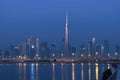 Dubai Skyline view Burj Khalifa from AL Jadaf Beach Royalty Free Stock Photo