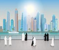 Dubai Skyscrapers Arabs walk along the embankment