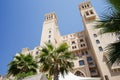 Dubai. In the summer of 2016. Modern hotel building Sheraton Sharjah Beach Resort Spa in a green oasis on the shore of the Arabian