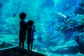 Dubai. Summer 2016. Two boys looking at a large aquarium in hotel Atlantis The Palm.