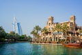 Dubai. Summer 2016. Water oasis on site Madinat Jumeirah Mina A Salam. A view of the famous hotel Burj al Arab. Royalty Free Stock Photo