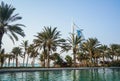 Dubai. Summer 2016. Water oasis on site Madinat Jumeirah Mina A Salam. A view of the famous hotel Burj al Arab. Royalty Free Stock Photo