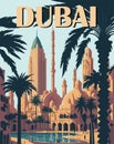 Dubai Travel Destination Poster in retro style.