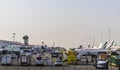 Dubai, UAE - 11.17.2021 - Airplanes lined up In Dubai World Central Airport during Air show. Event